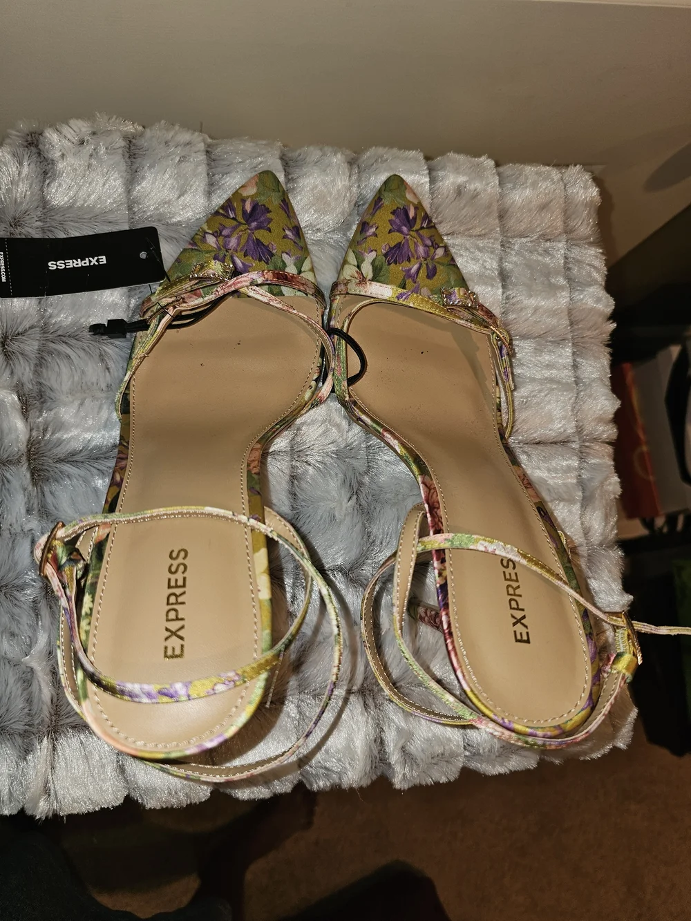 Express Floral Pointed Toe Strappy Heels in Yellow and Purple - Picture 3 of 4